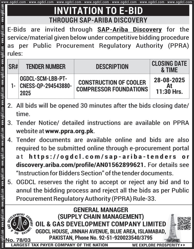 Oil & Gas Development Authority Islamabad Tender Notice